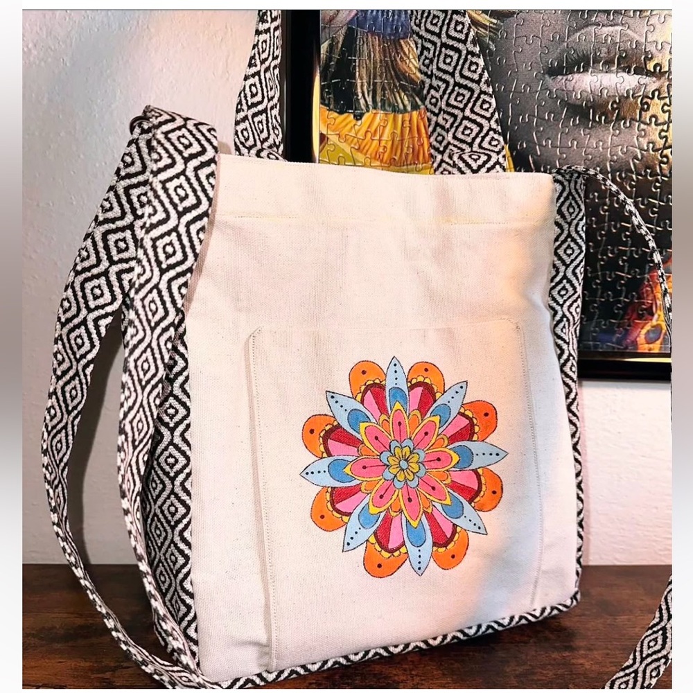 Hand-Painted Mandala Design Canvas Tote Bag